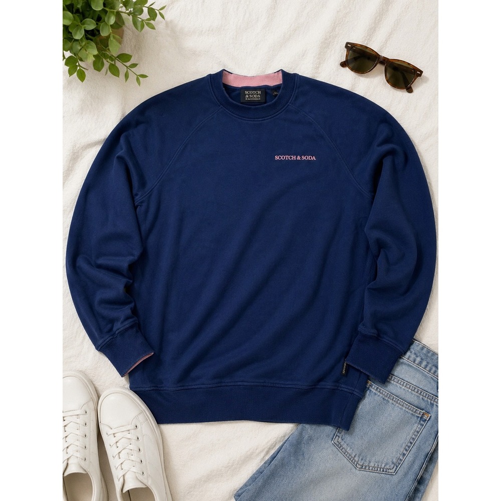 Scotch & Soda Amsterdam Navy Blue Organic Cotton Pink Trim Sweatshirt Womens L‎